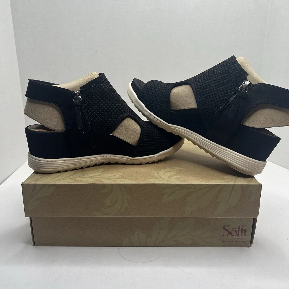 Sofft Shandi Women 8.5 M Black Perforated Suede Wedge Sandals SF0044321 NIB